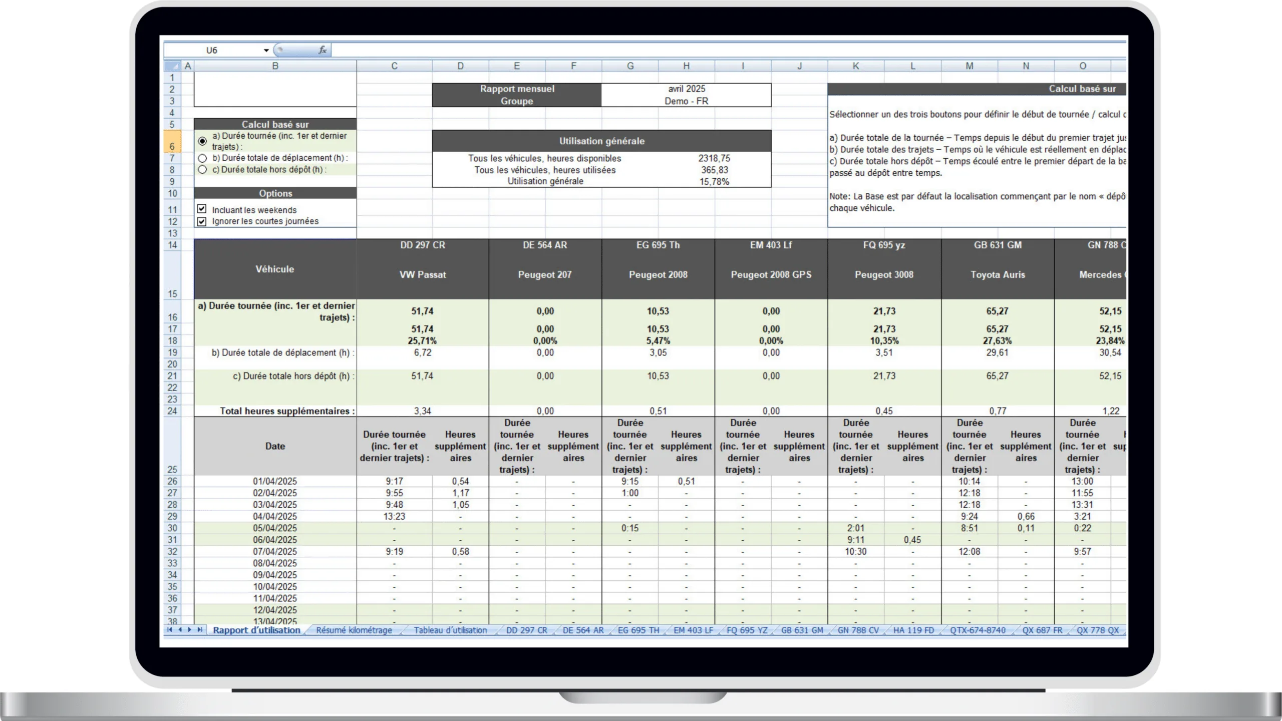 Export Excel des rapports de flotte détaillés