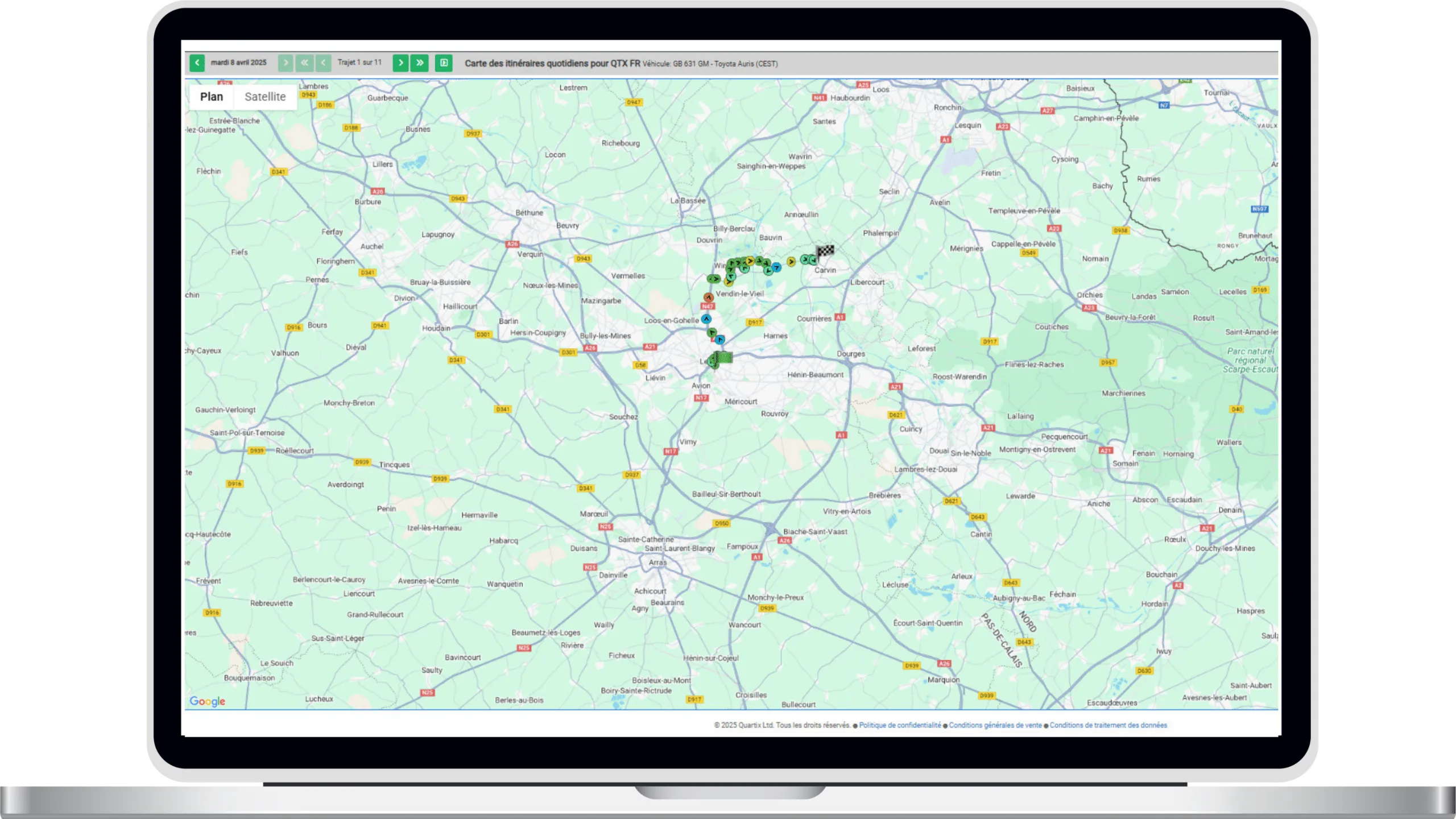 Visualisation des itinéraires quotidiens d'un véhicule sur la carte