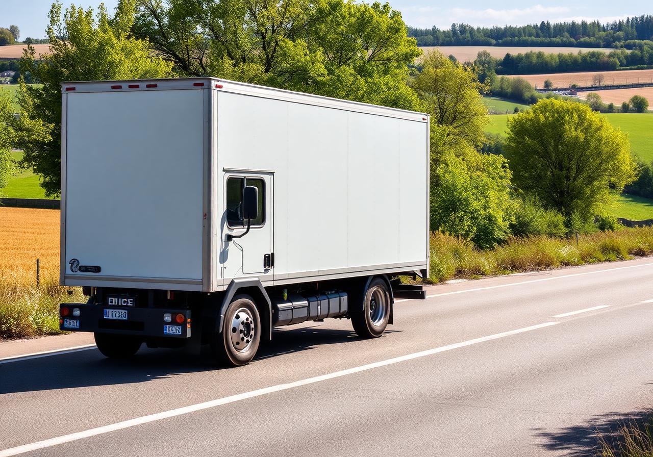 Camion porteur blanc circulant sur une route régionale française entre champs et bocages