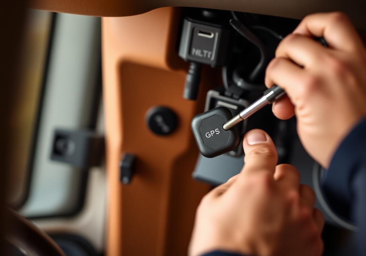 Installation d'un boîtier traceur GPS dans la cabine d'un camion par un technicien