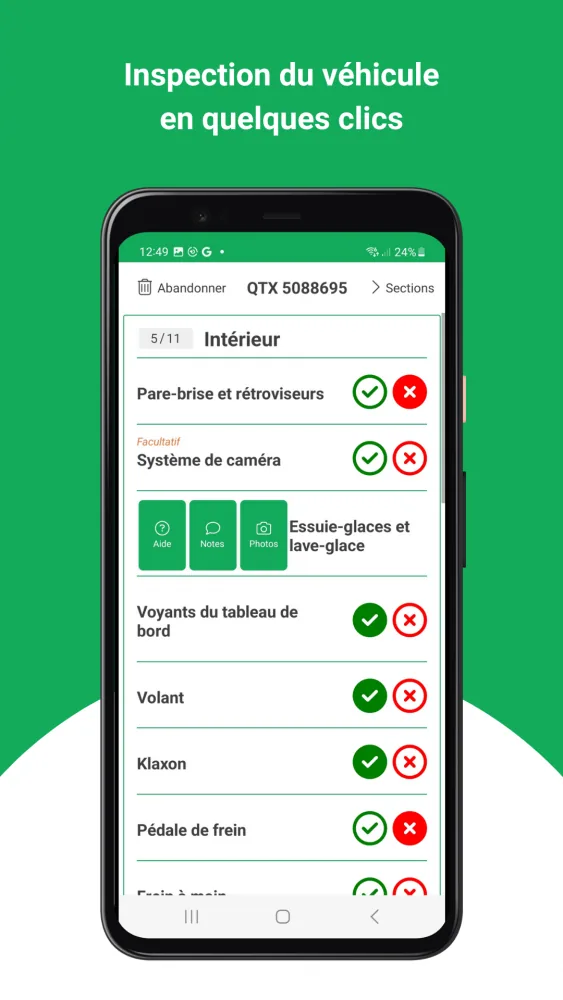 Application mobile Android d'inspection véhicule avec checklist intérieur et boutons de validation Application mobile Android d'inspection véhicule avec checklist intérieur et boutons de validation