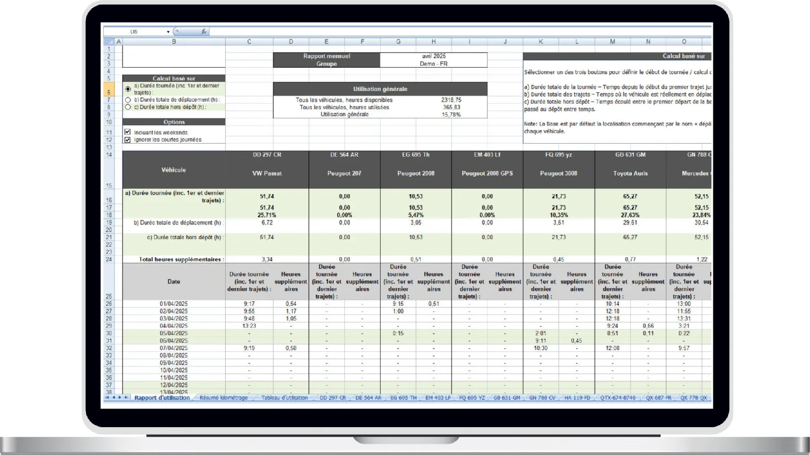 Export Excel d'un rapport de flotte de véhicules Export Excel d'un rapport de flotte de véhicules