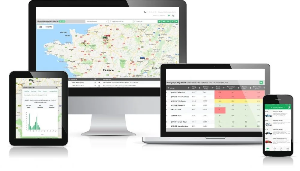 Plateforme web de géolocalisation Traceur Flotte sur ordinateur, tablette et mobile Plateforme web de géolocalisation Traceur Flotte sur ordinateur, tablette et mobile